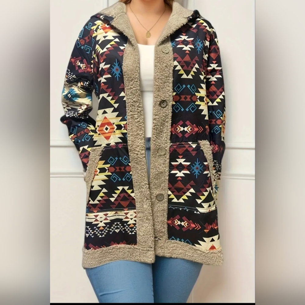 Geo Print Hooded Fleece Lined Jacket